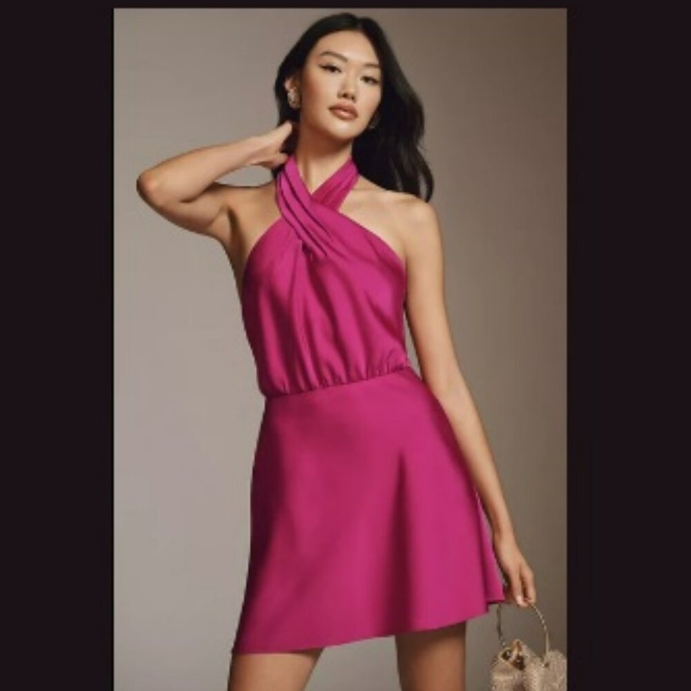 BHLDN Ruby Fuchsia High-Shine Satin Halter Mini Dress Sz S
